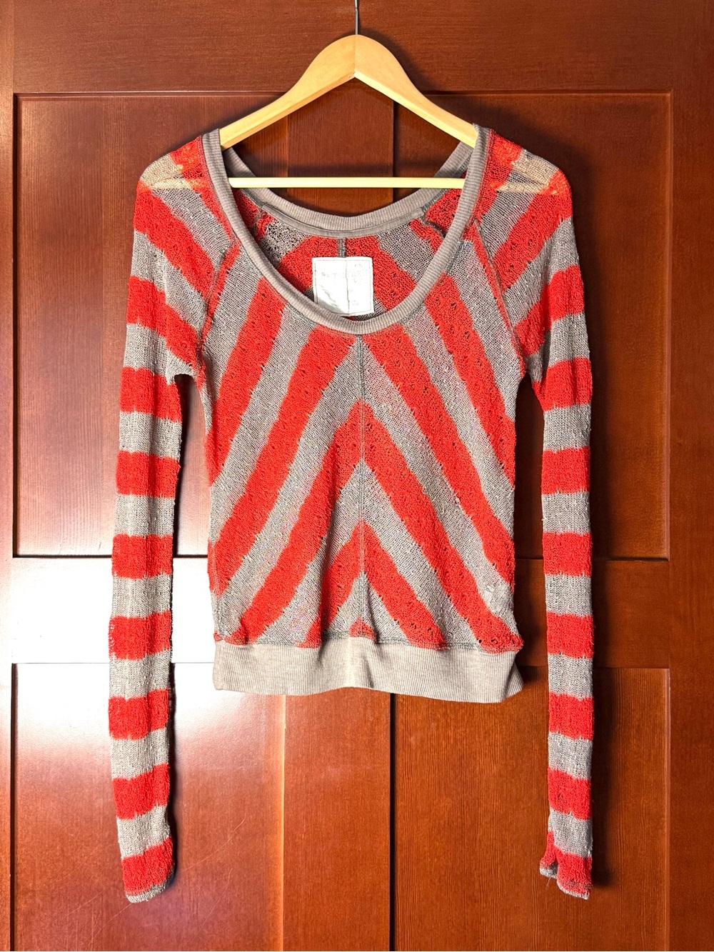 Free People We The Free Chevron Stripe Mesh Knit Sweater Orange Taupe Size S